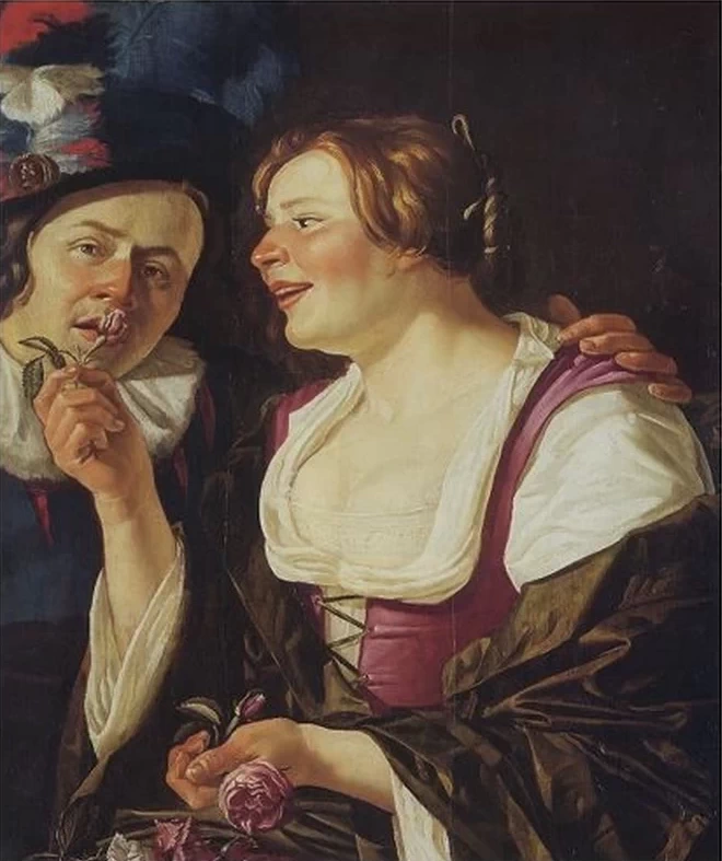 Allegoria dell'olfatto, una giovane donna lascia annusare una rosa a un giovane - Kunsthandel Galerie Fischer